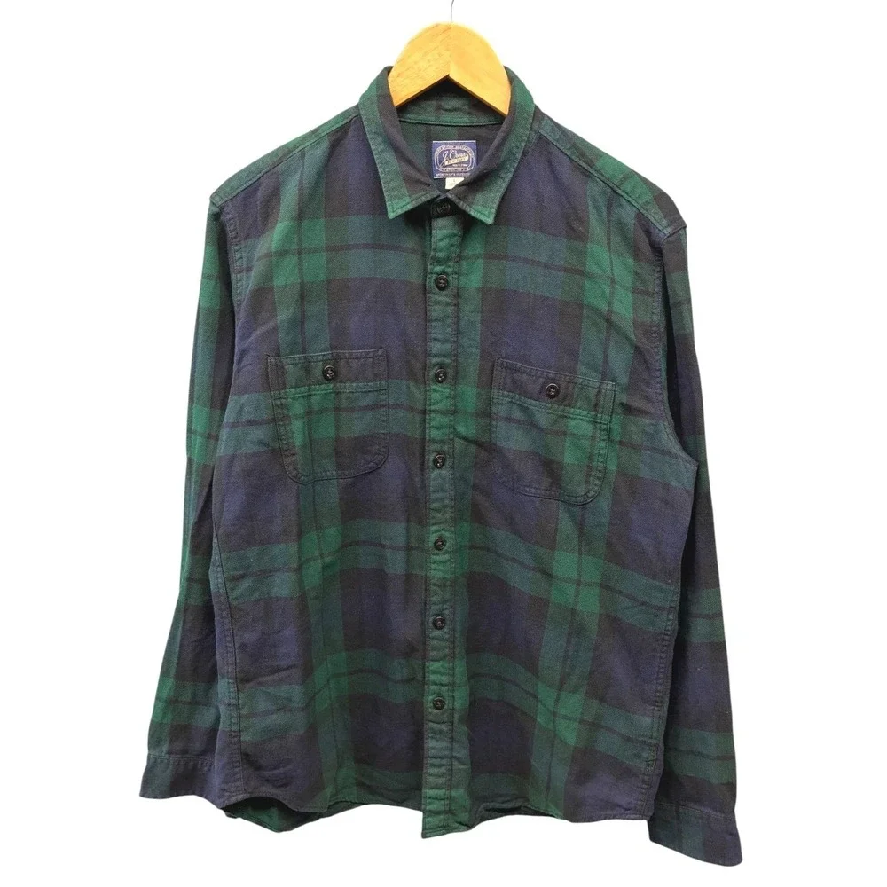 J. Crew Plaid Flannel Button Down Shirt Mens L Green Navy Blue Outdoor Preppy